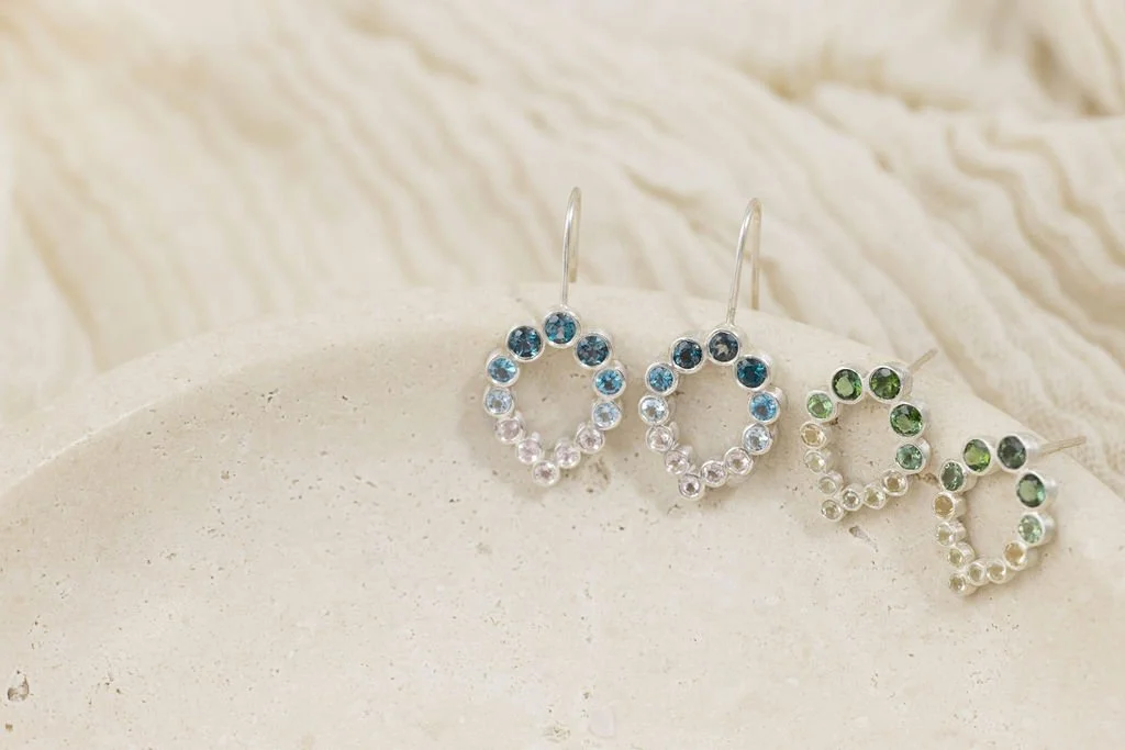 silver droplet earrings in green and blue versions - Katherine Elder Fine Jewellery