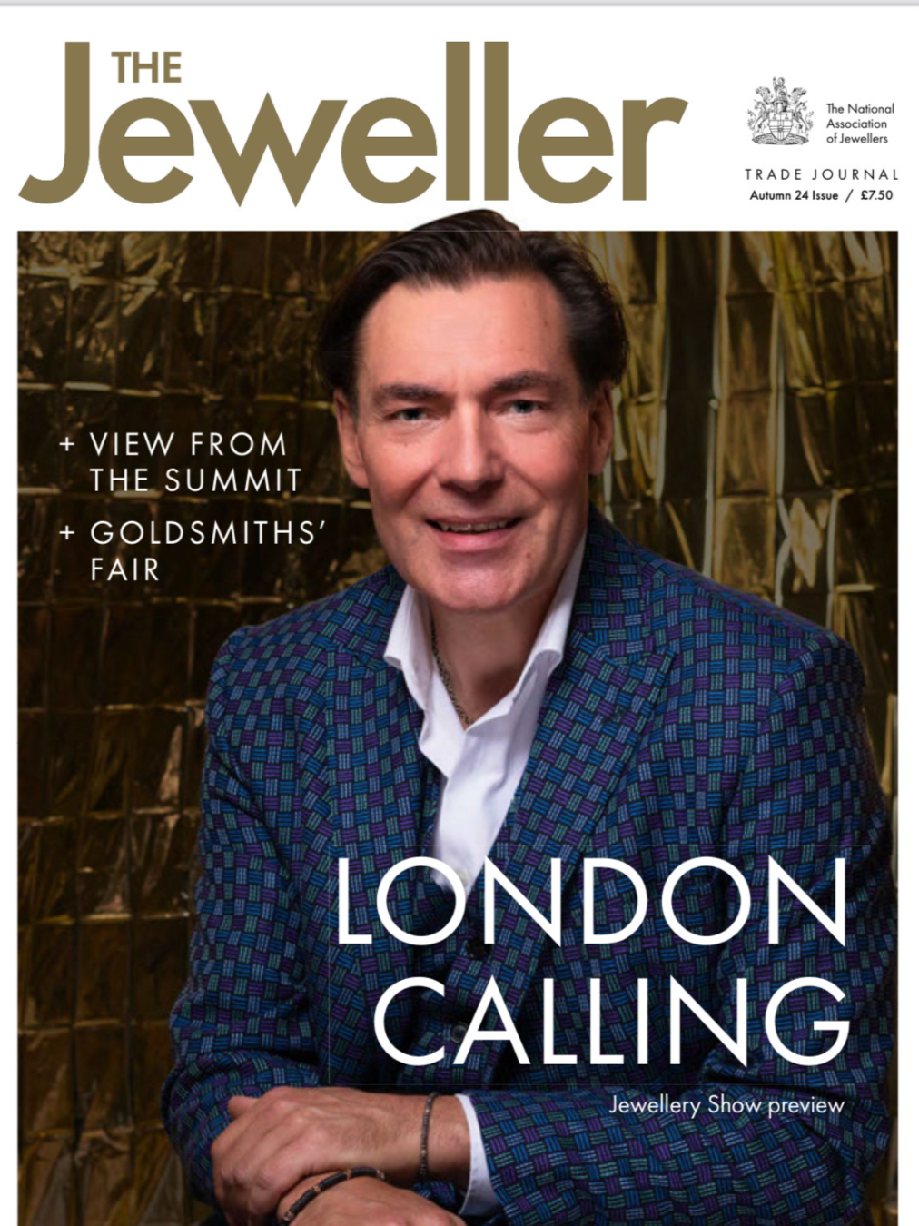 The Autumn issue of The Jeweller magazine 2024 featuring faceted pearl earrings by Katherine Elder, bespoke artist-goldsmith in North London.