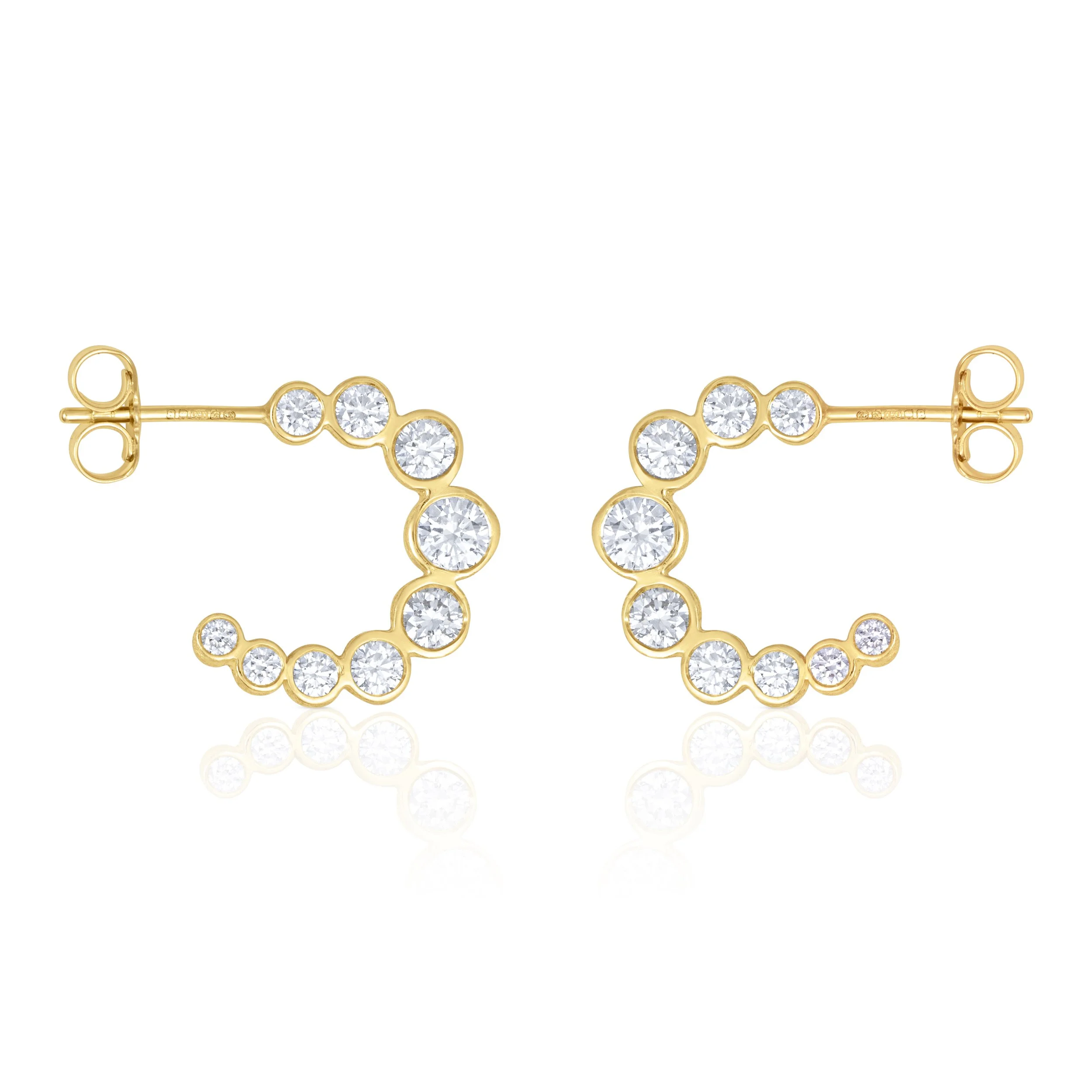 Yellow gold crescent hoop earrings set with graduated brilliant-cut lab-grown diamonds by Katherine Elder Fine Jewellery