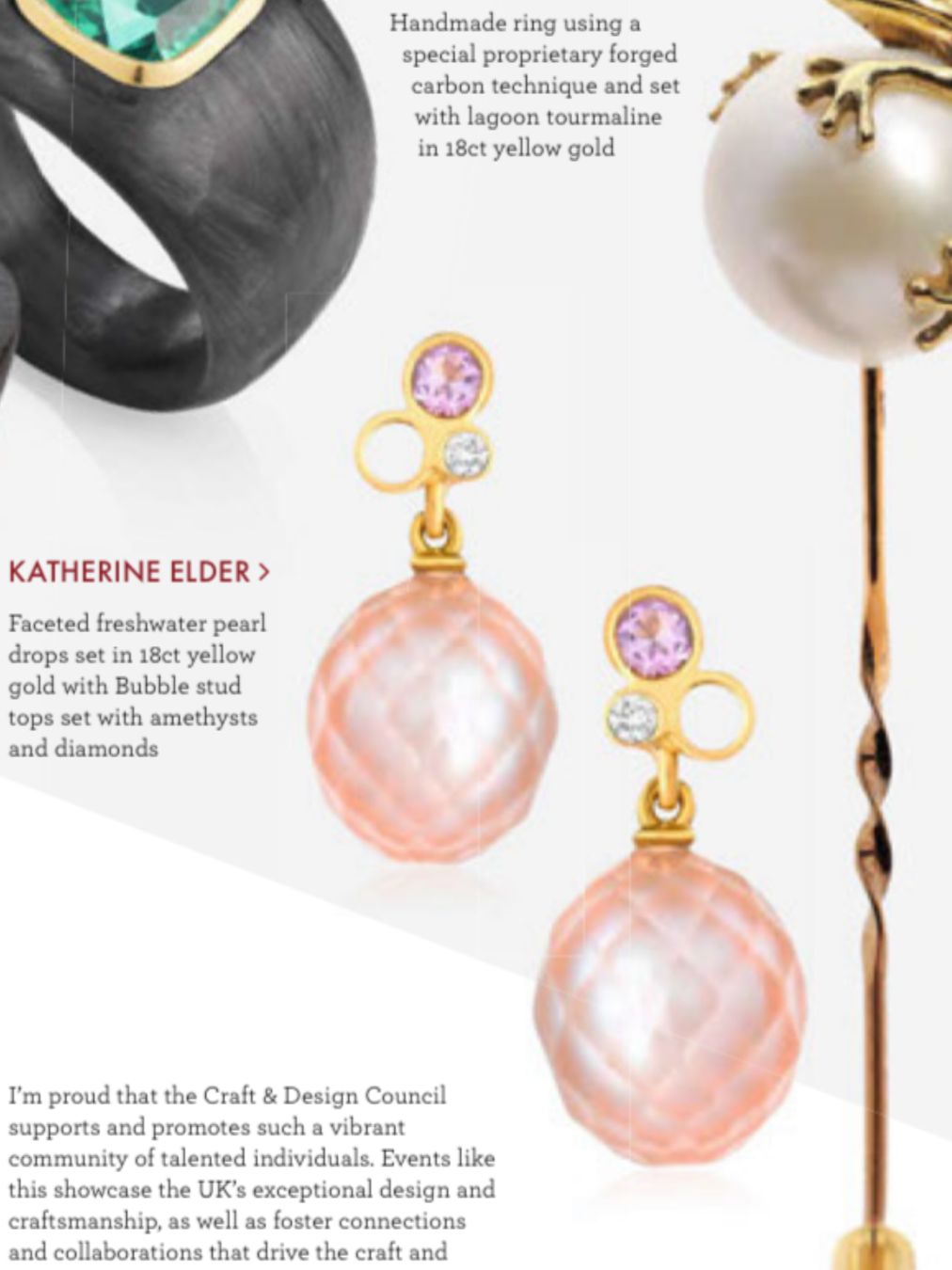Faceted pearl earrings featured in The Jeweller magazine by Katherine Elder, bespoke artist-goldsmith in North London.