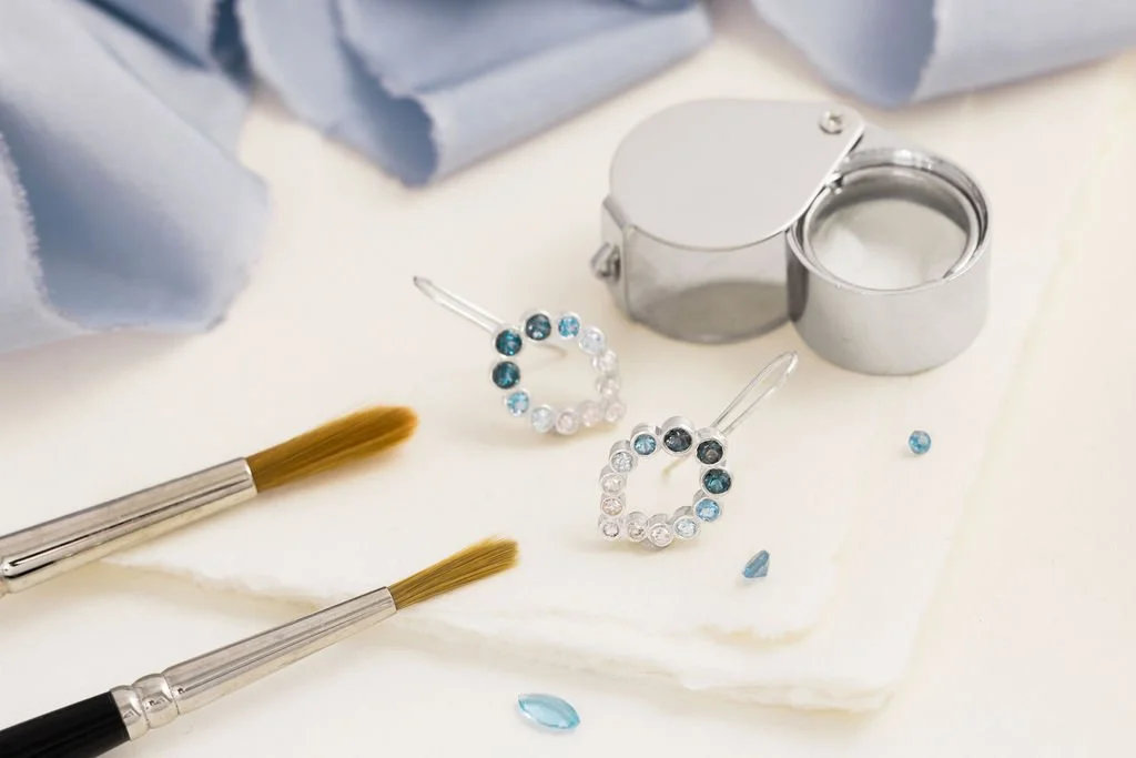 Sterling silver teardrop earrings with London blue topaz, aquamarine and morganite in an ombre fade - part of Katherine Elder's signature collection 'A Sea Full of Stars'