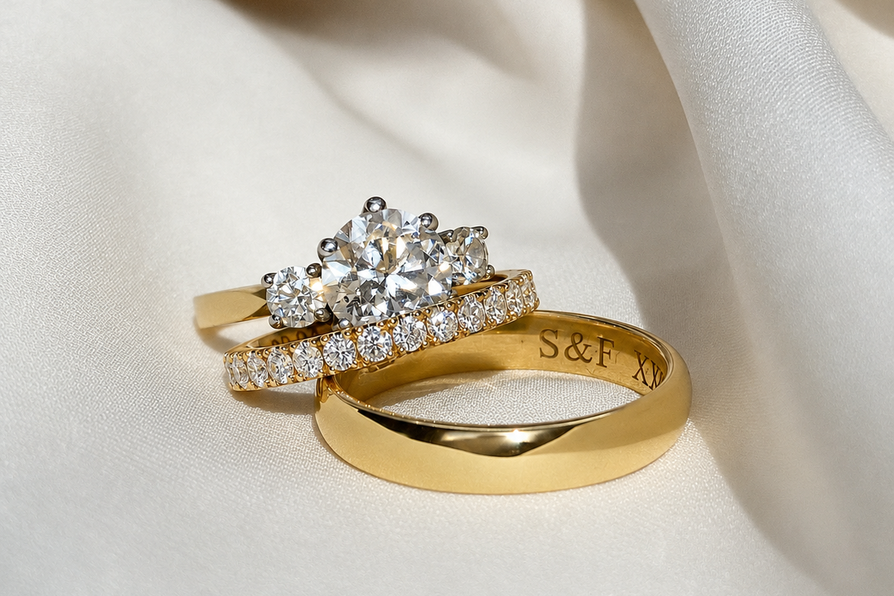 Ring stack of wedding and engagement rings in 18ct gold together