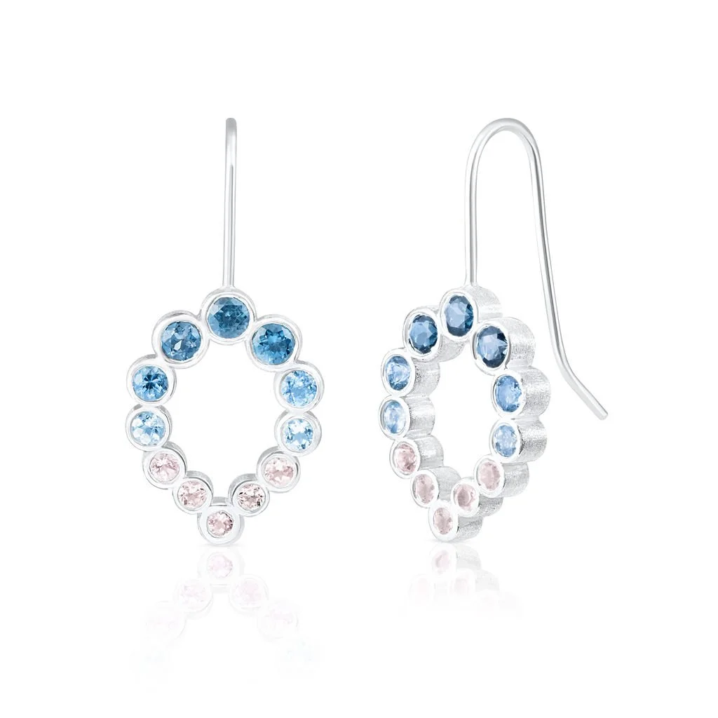 Sterling silver teardrop earrings with London blue topaz, aquamarine and morganite in an ombre fade