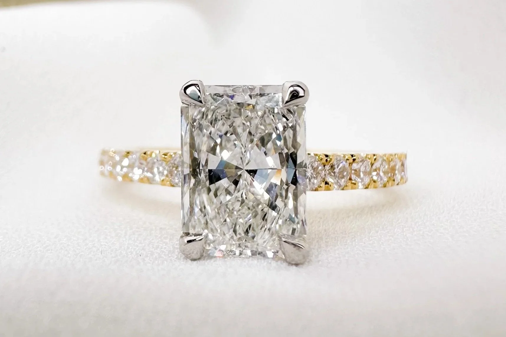 Katherine Elder Fine Jewellery bespoke radiant diamond engagement ring 18ct gold claw set solitare