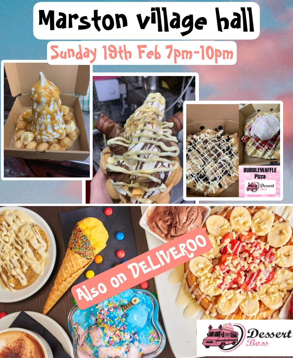 Marston moretaine tonight (Sunday) 7pm-10pm

We are travelling around Bedford visiting locations serving up some mouthwatering, tasty treats. Desserts, ice creams, custards, thick shakes, specialty hot chocolates, vegan and gluten free options and mu
