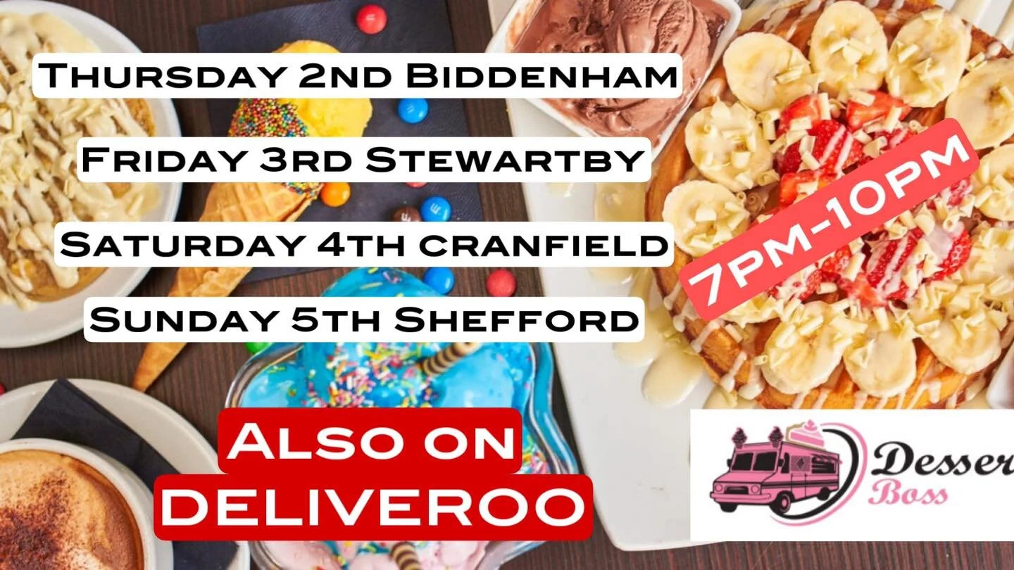 This weeks locations for a sweet treat from Dessertboss. 

We are travelling around Bedford visiting locations serving up some mouthwatering, tasty treats. Desserts, ice creams, custards, thick shakes, specialty hot chocolates, vegan and gluten free 