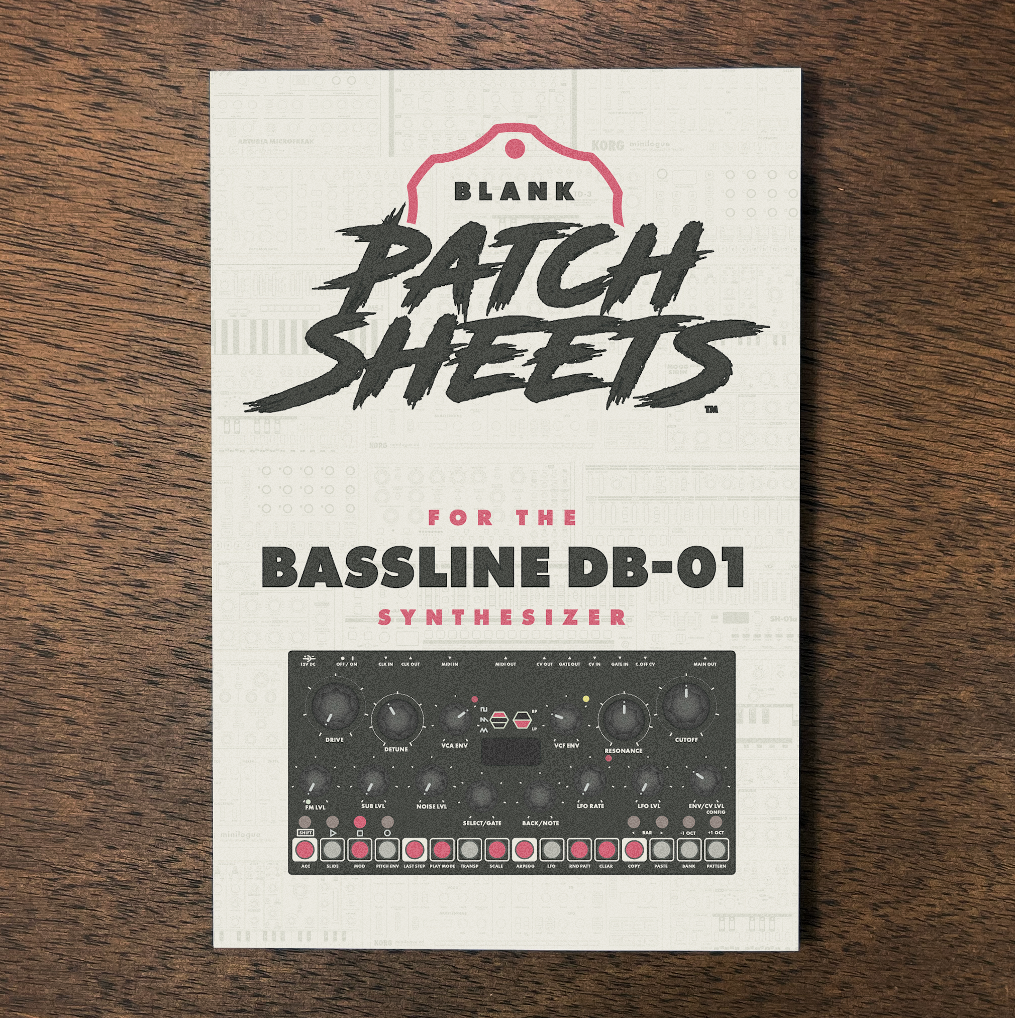 Cover of a product catalog for blank patch sheets designed for the Bassline DB-01 synthesizer, featuring an image of the synthesizer on a wooden surface.