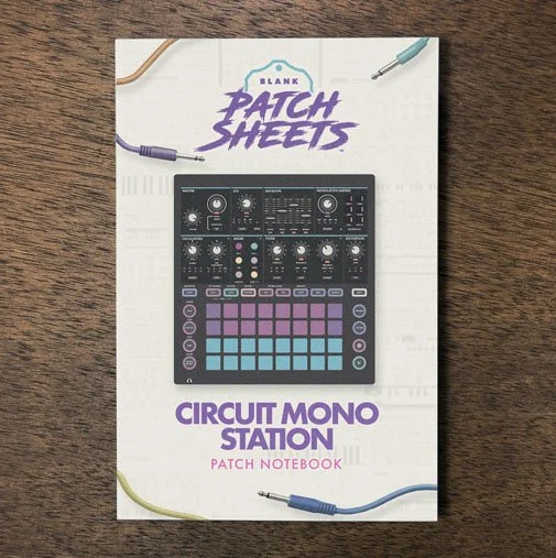 Novation Circuit Mono Station Blank Patch Sheets Notebook on a dark wood desk