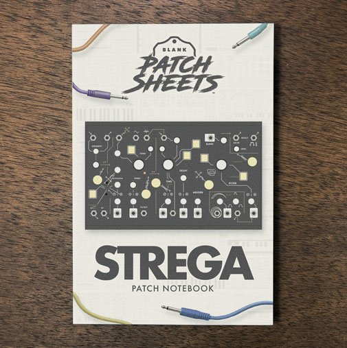 Make Noise Strega Blank Patch Sheets Notebook on a dark wood desk