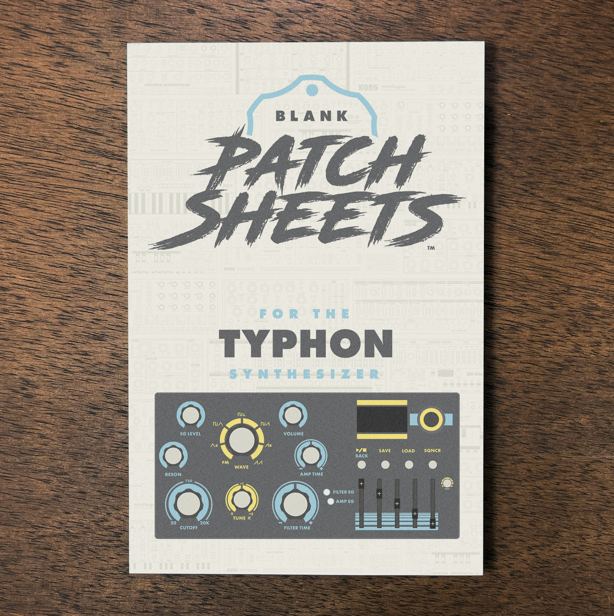 A booklet titled 'Blank Patch Sheets for the Typhon Synthesizer' resting on a wooden surface.