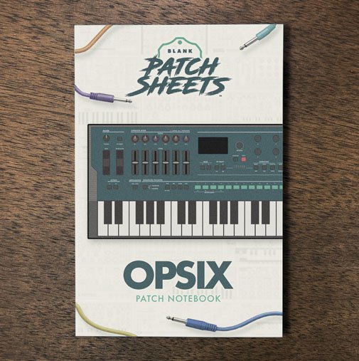 Korg Opsix Blank Patch Sheets Notebook on a dark wood desk