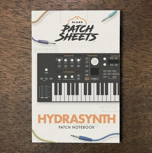 ASM Hydrasynth Blank Patch Sheets Notebook on a dark wood desk
