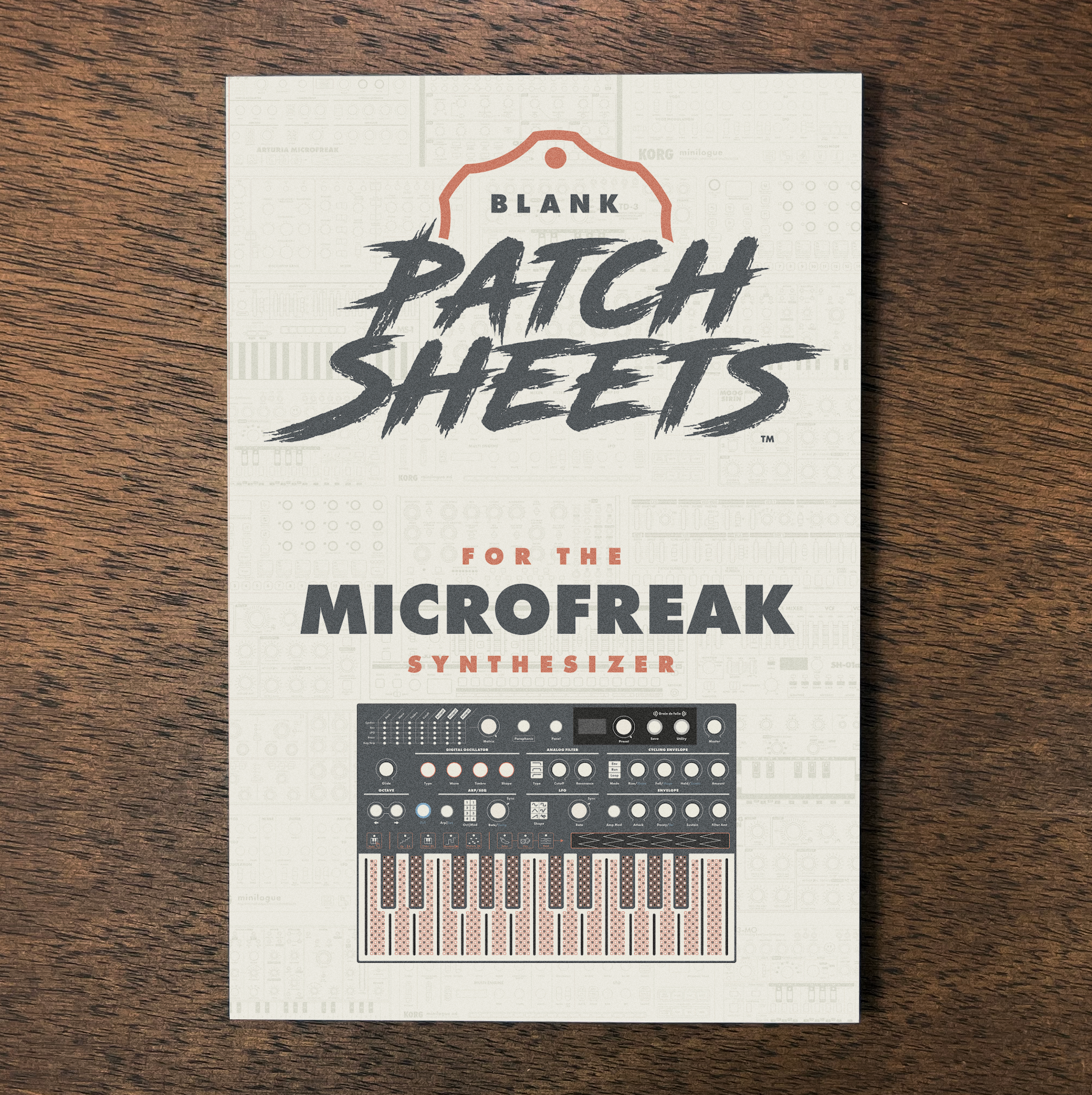 Blank Patch Sheets Notebook cover for the Microfreak synthesizer, on a wooden surface.
