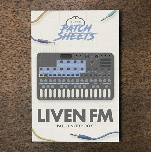 Sonicware Liven FM Blank Patch Sheets Notebook on a dark wood desk