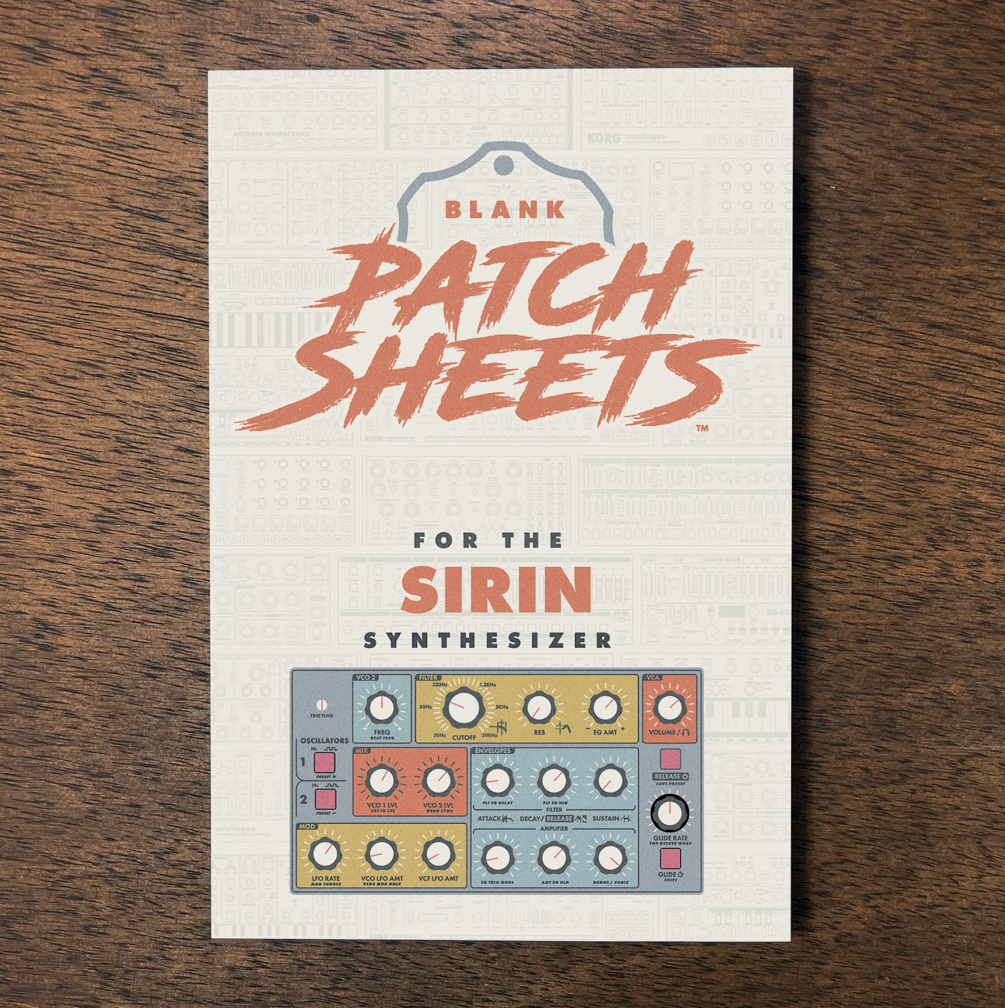 A sheet from BLANK PATCH SHEETS for the SIRIN synthesizer, with various knobs and controls displayed on it, on a wooden surface.
