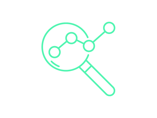 Icon of a magnifying glass with a graph or network diagram inside, representing analysis or research.