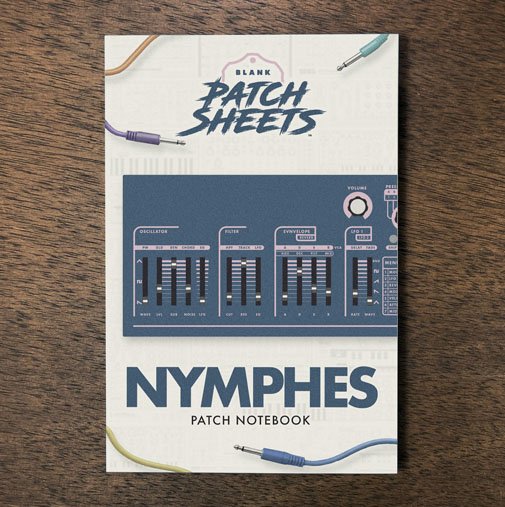 Dreadbox Nymphes Blank Patch Sheets Notebook on a dark wood desk