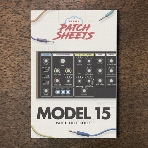 Behringer Modal 15 Blank Patch Sheets Notebook on a dark wood desk