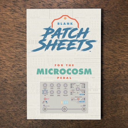 Hologram Microcosm pedal Blank Patch Sheets Notebook laying on a wood table
