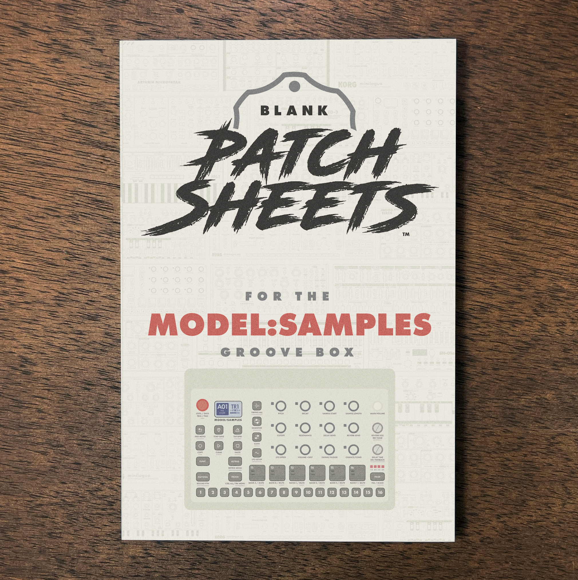 Package of blank patch sheets for model: samples groove box, showing a diagram of various control buttons and a small color wheel.