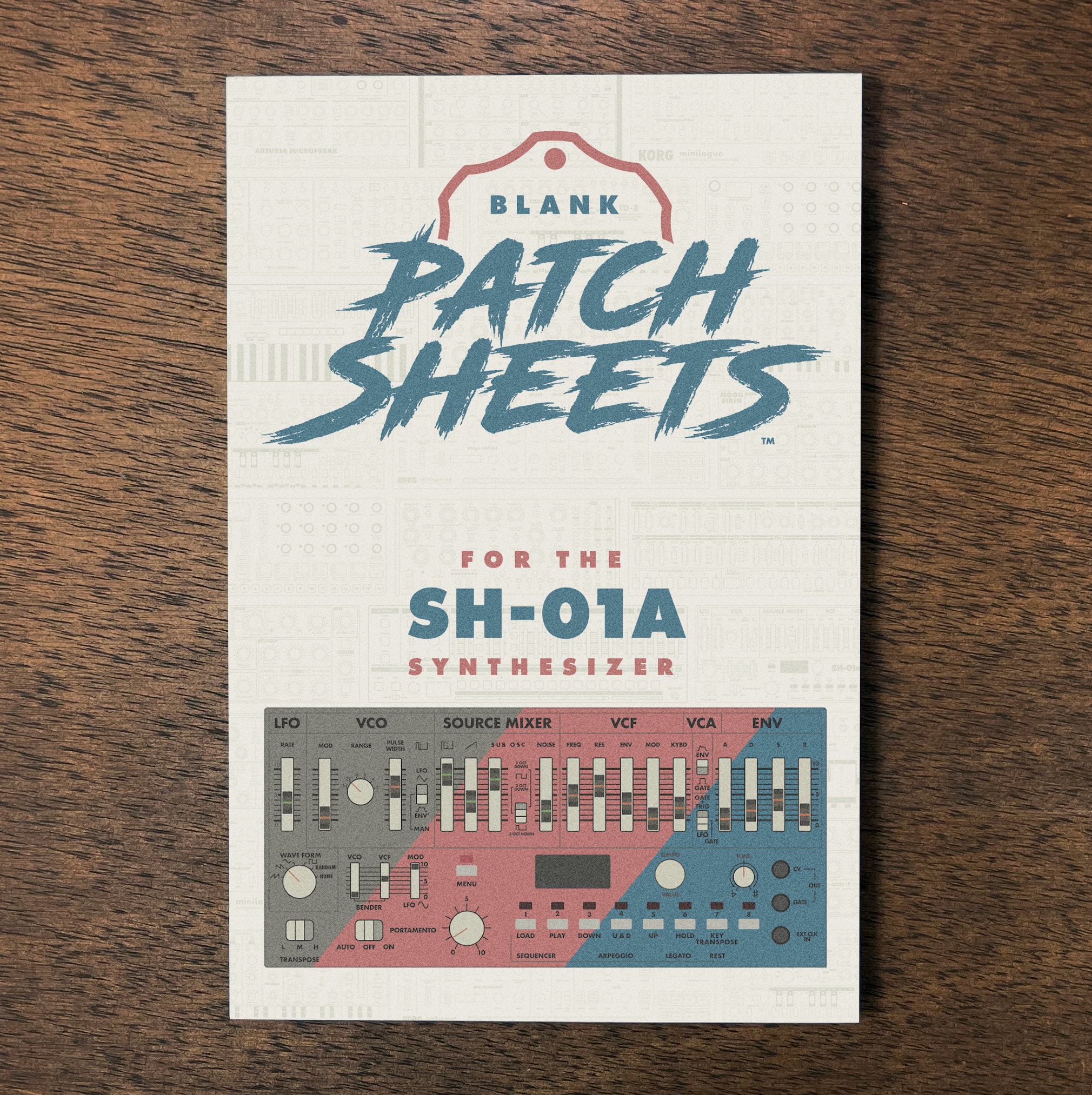 A sheet of blank patch sheets for the Korg SH-01A synthesizer, showing various controls and settings.