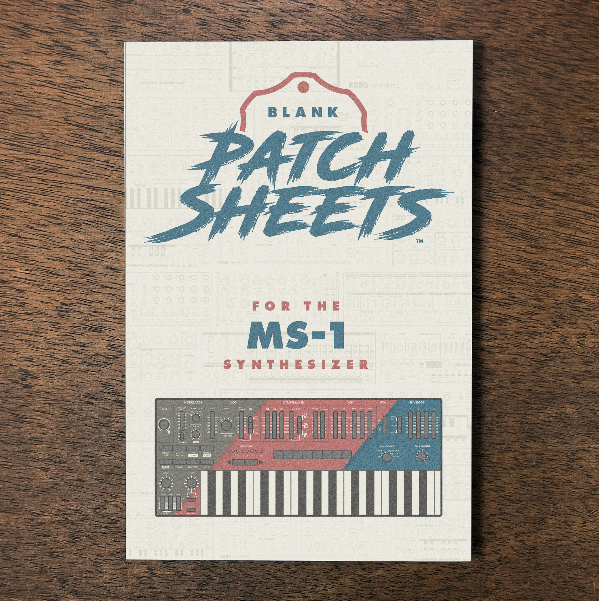 A booklet titled "Blank Patch Sheets for the MS-1 Synthesizer" with a graphic of the MS-1 synthesizer on a wooden surface.