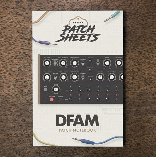 Moog DFAM Blank Patch Sheets Notebook on a dark wood desk