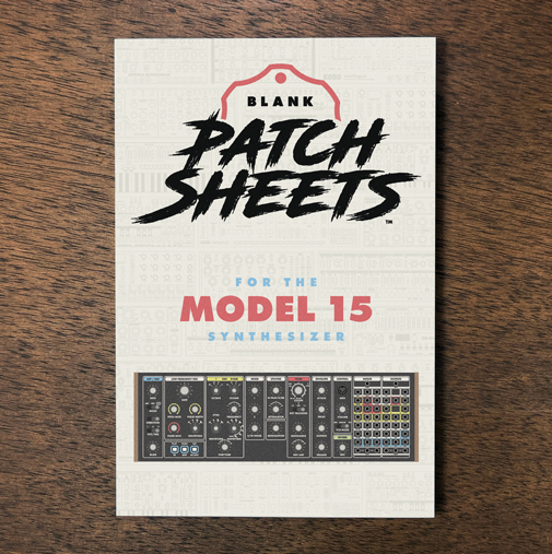 Behringer Model 15 synthesizer Blank Patch Sheets Notebook laying on a wood table