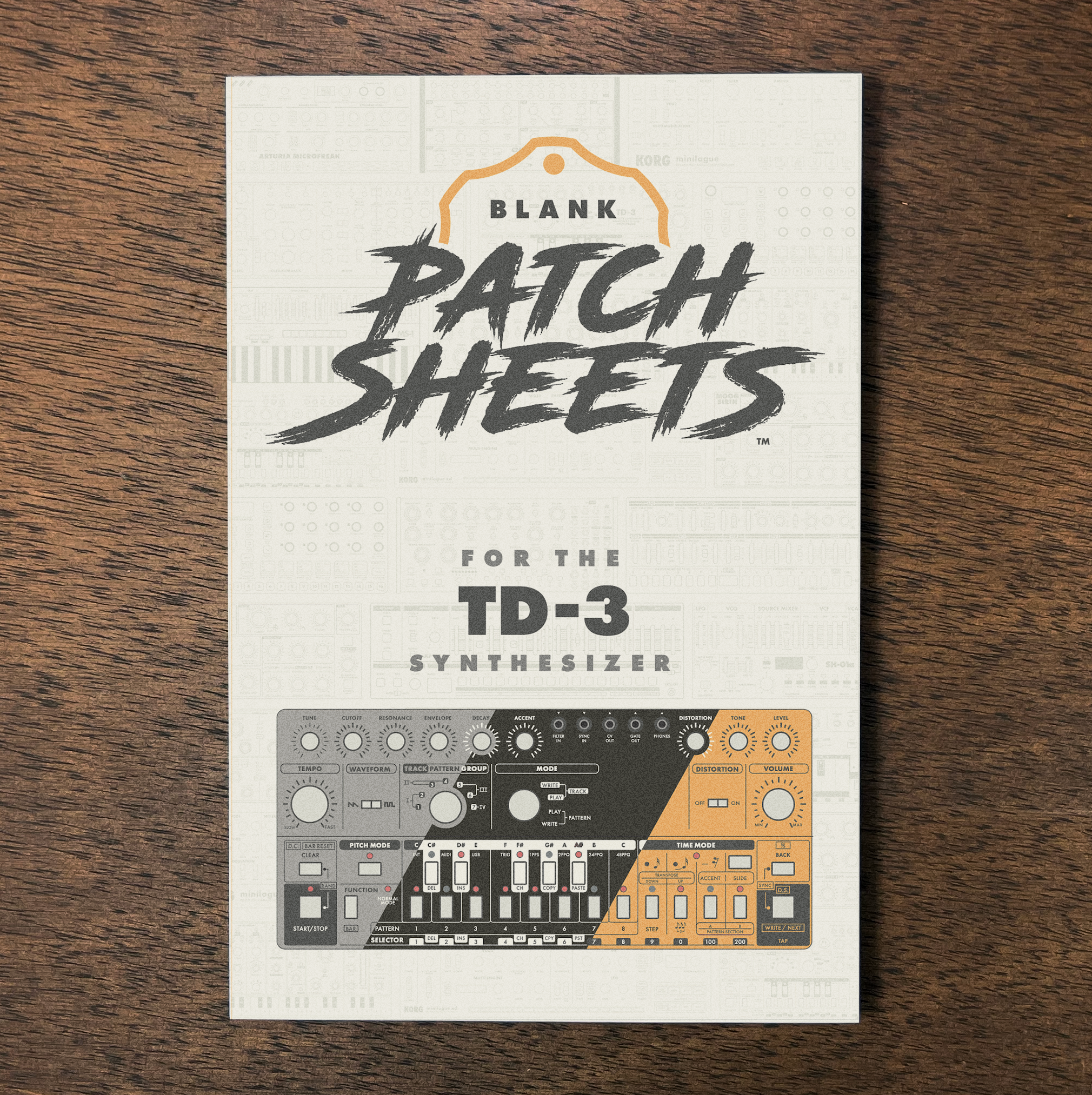 A white sheet of Patch Sheets for the TD-3 synthesizer, placed on a wooden surface, with a graphic of the TD-3 synthesizer at the bottom.