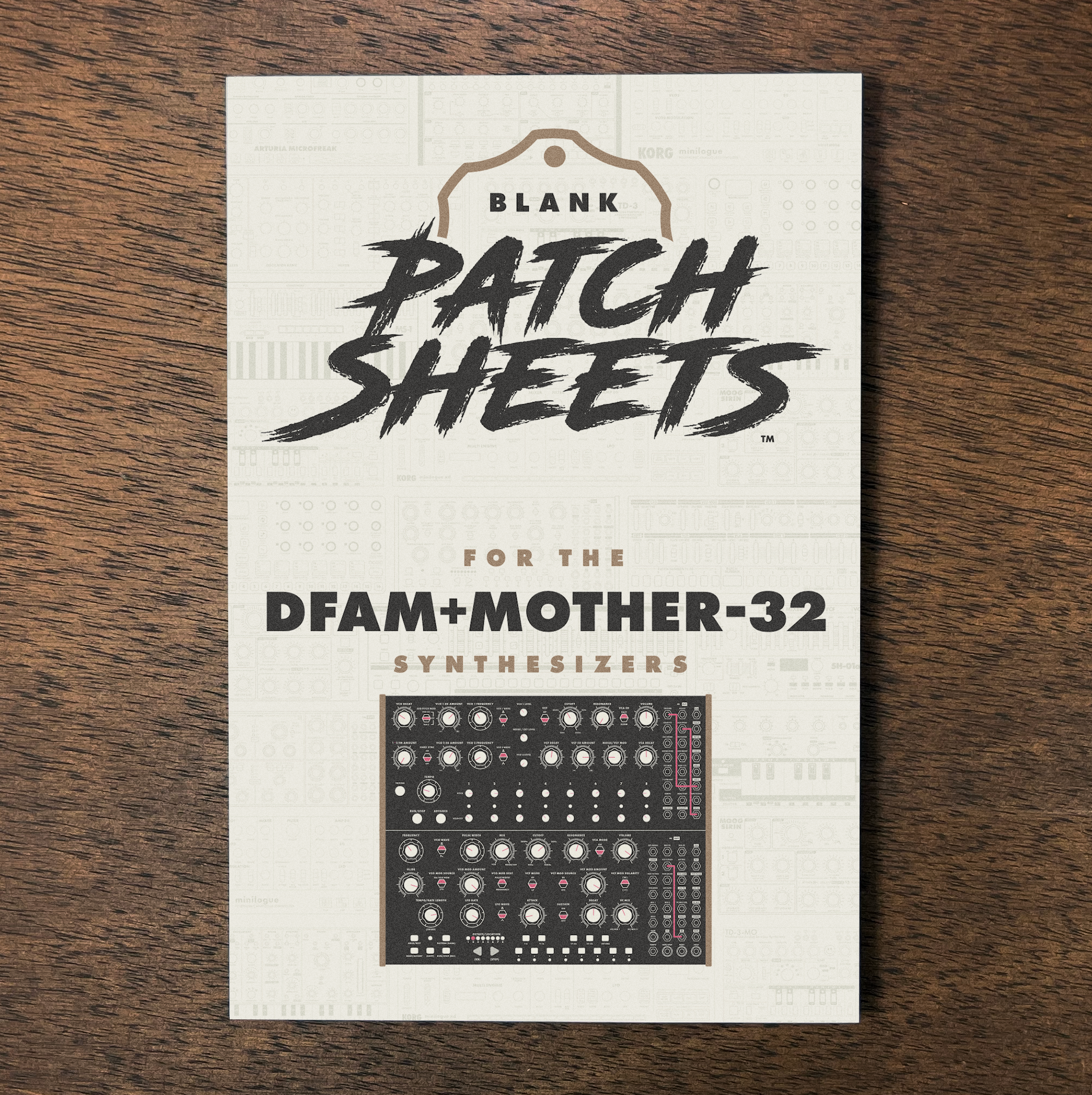 A booklet titled 'Blank Patch Sheets for the DFAM+Mother-32 Synthesizers' with a picture of a synthesizer on the cover, placed on a wooden surface.
