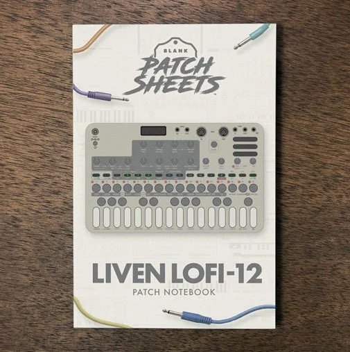 Sonicware Liven Lofi-12 Blank Patch Sheets Notebook on a dark wood desk