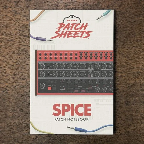 Behringer Spice Blank Patch Sheets Notebook on a dark wood desk