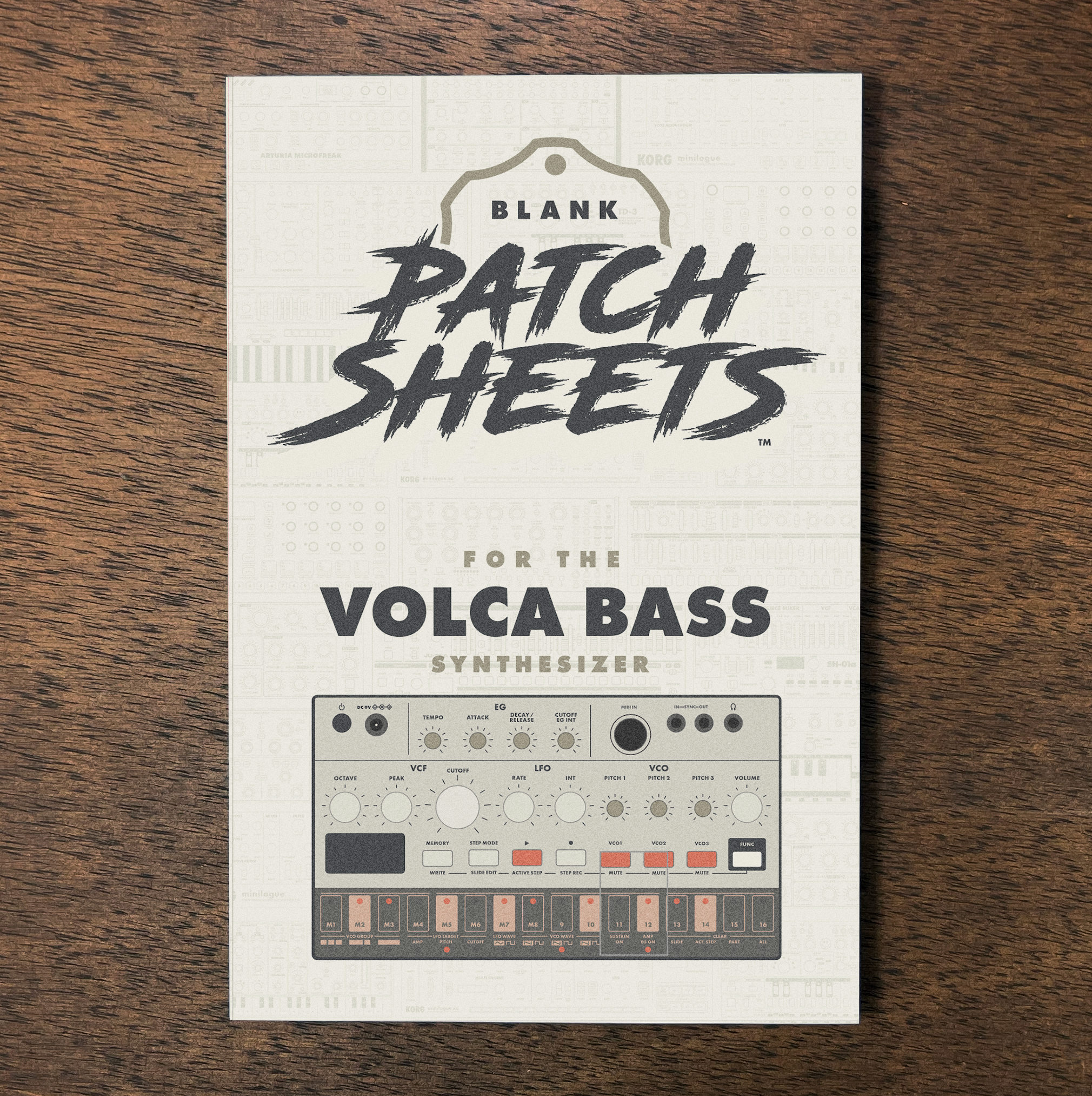 Package of blank patch sheets designed for the Volca Bass synthesizer with a wood surface background.