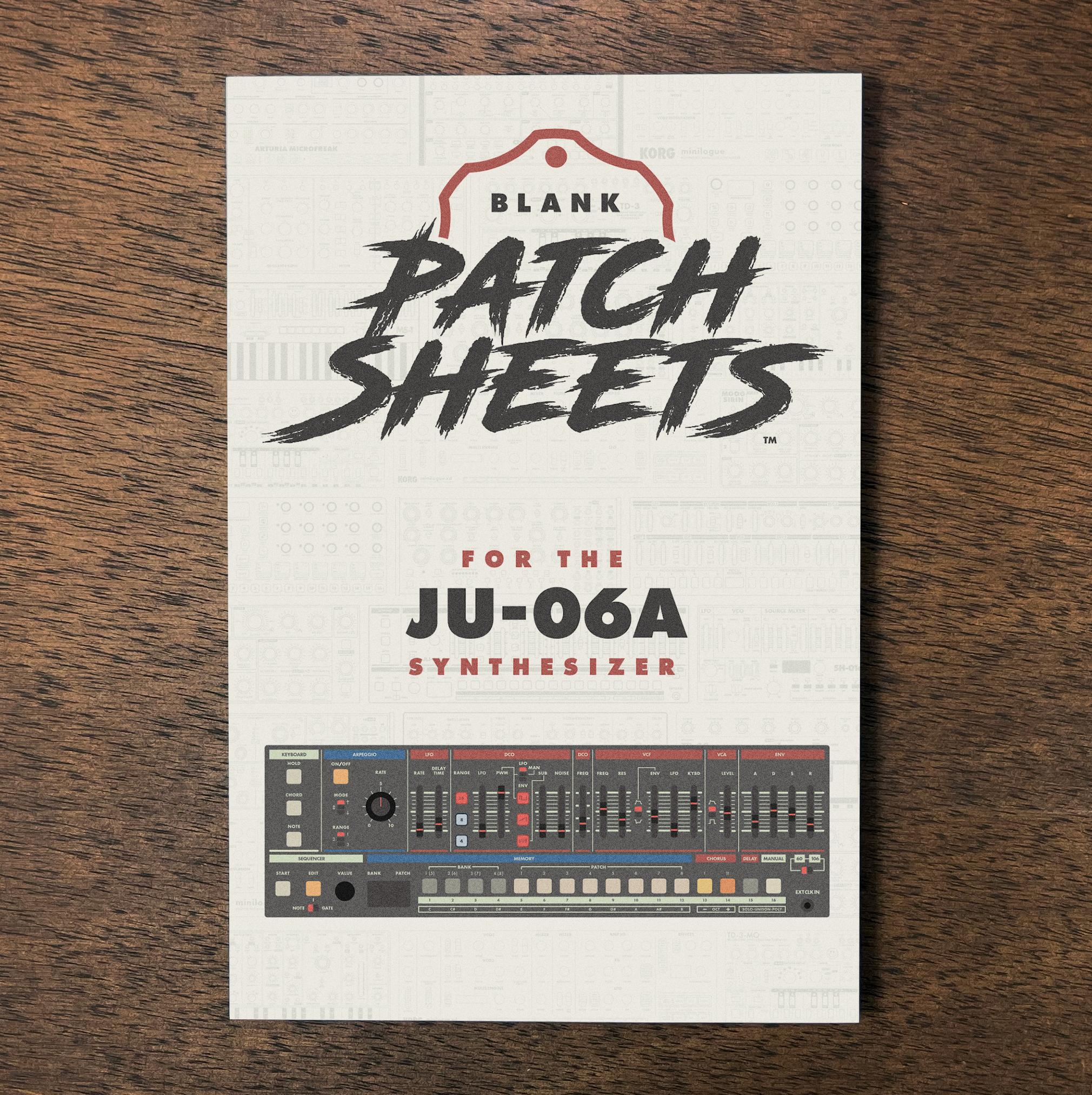 Product packaging for blank patch sheets designed for the JU-06A synthesizer, showing a graphic of the synthesizer at the bottom and stylized text.