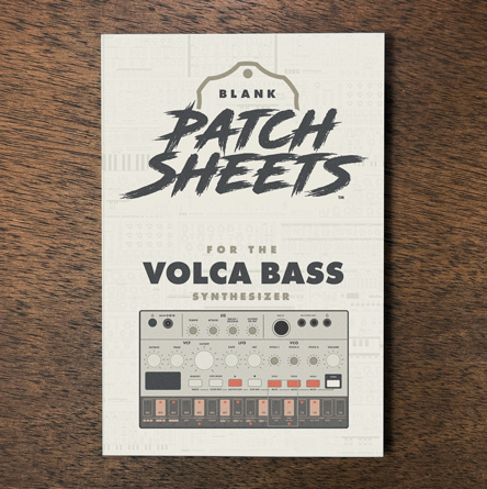 Korg Volca Bass synthesizer Blank Patch Sheets Notebook laying on a wood table