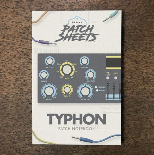 Dreadbox Typhon Blank Patch Sheets Notebook on a dark wood desk