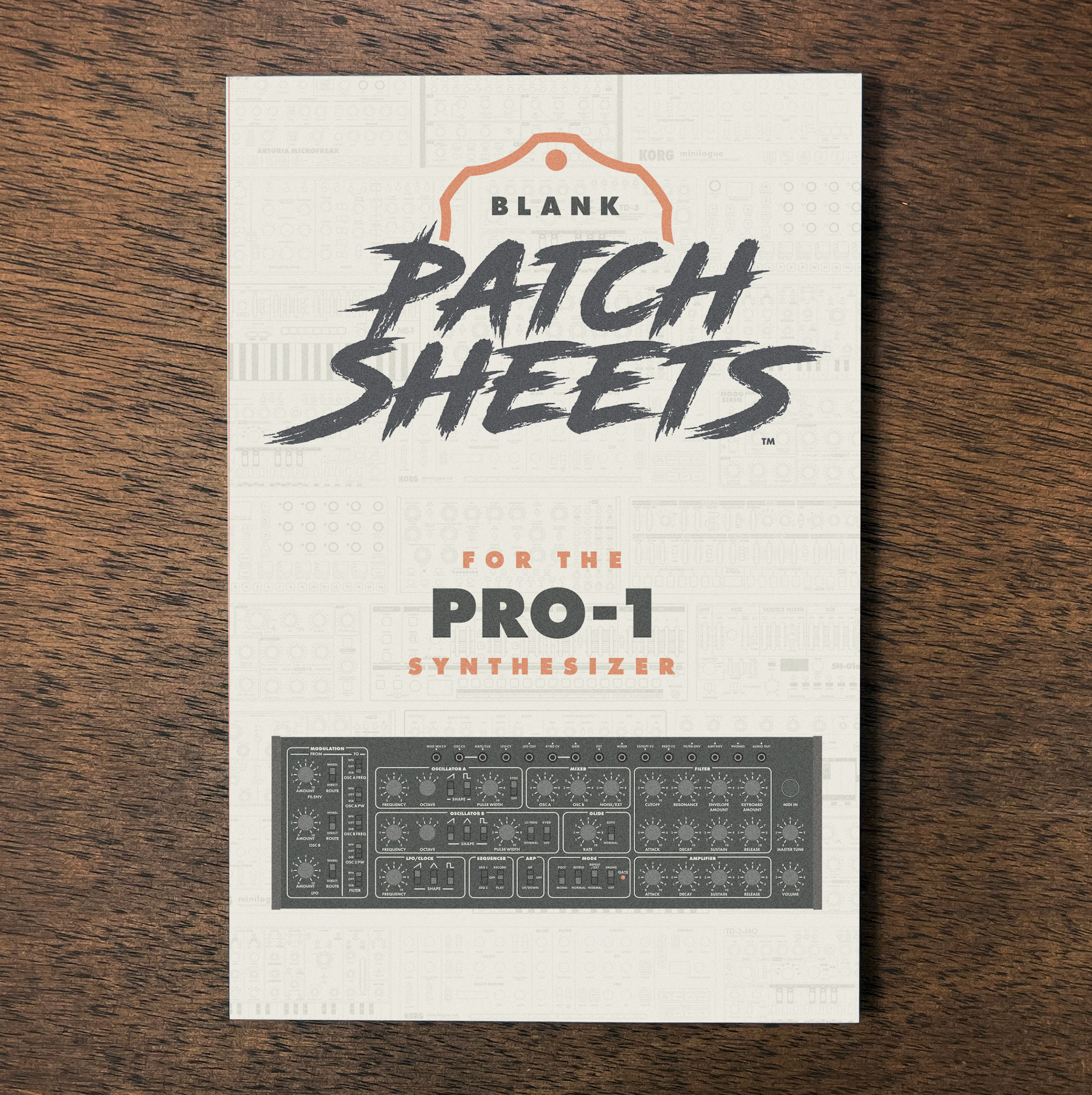 A pamphlet or manual cover titled 'Blank Patch Sheets for the Pro-1 Synthesizer' showing an image of the synth interface at the bottom, placed on a wooden surface.