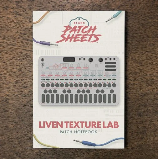 Sonicware LIven Texture Lab Blank Patch Sheets Notebook on a dark wood desk