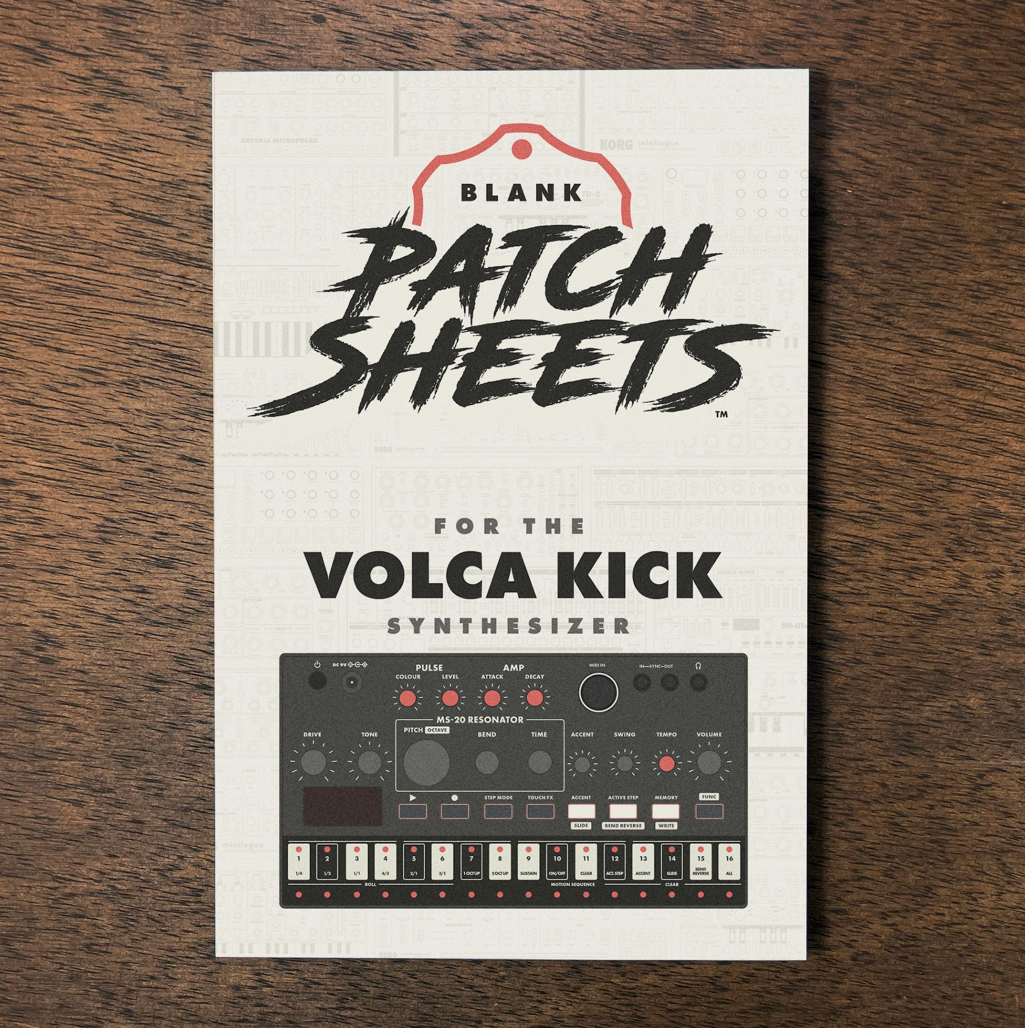 A white booklet titled 'Blank Patch Sheets for the Volca Kick Synthesizer' with a diagram of a synthesizer on the cover, placed on a wooden surface.