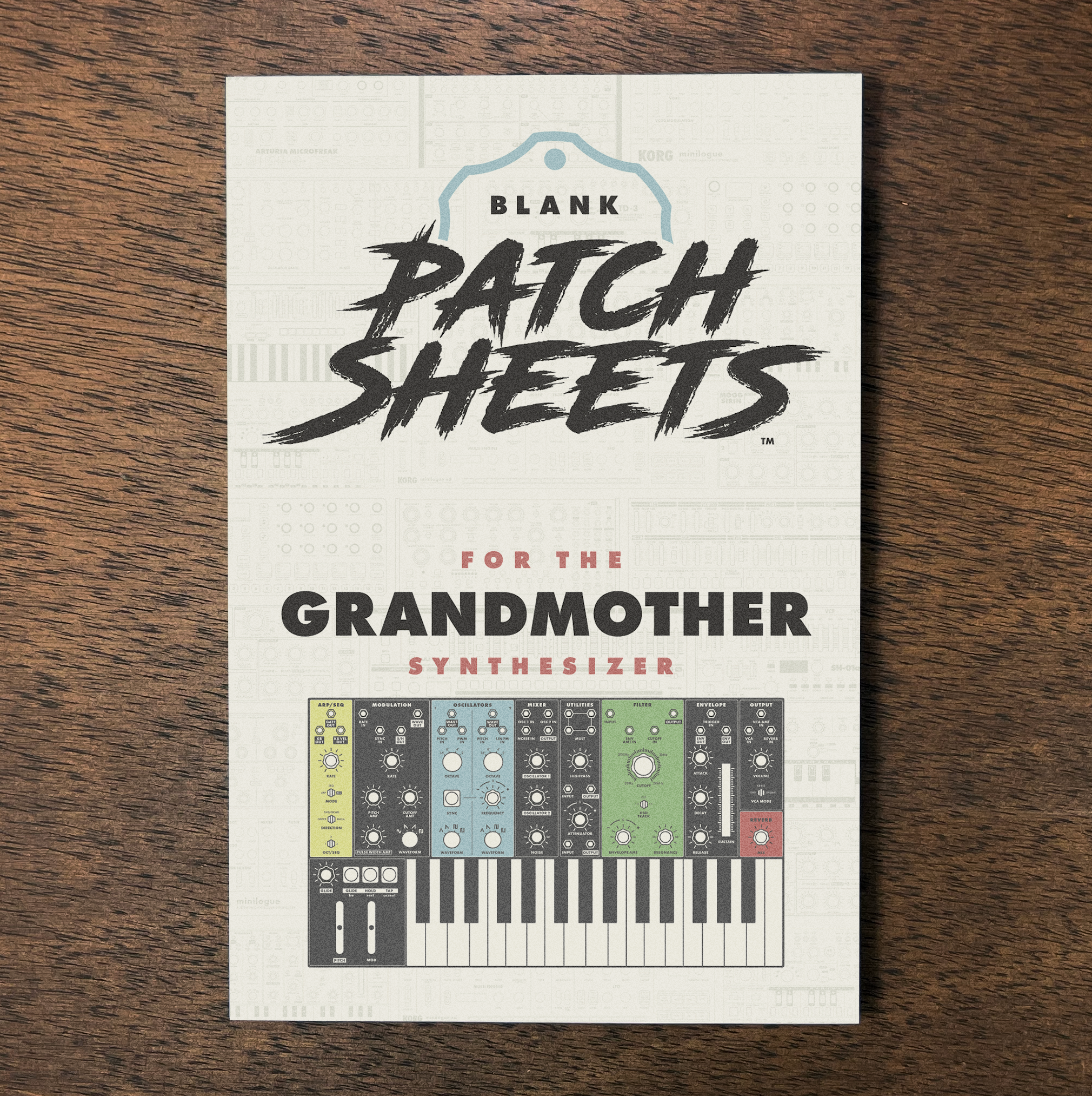 Package of blank patch sheets for the grandmother synthesizer, featuring a graphic of the synthesizer with various control knobs and keys.