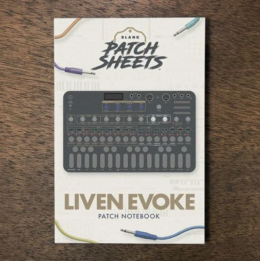 Sonicware Liven Evoke Blank Patch Sheets Notebook on a dark wood desk