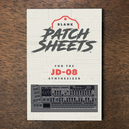 Roland JD-08 synthesizer Blank Patch Sheets Notebook laying on a wood table