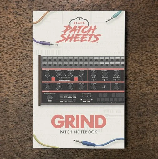 Behringer Grind Blank Patch Sheets Notebook on a dark wood desk