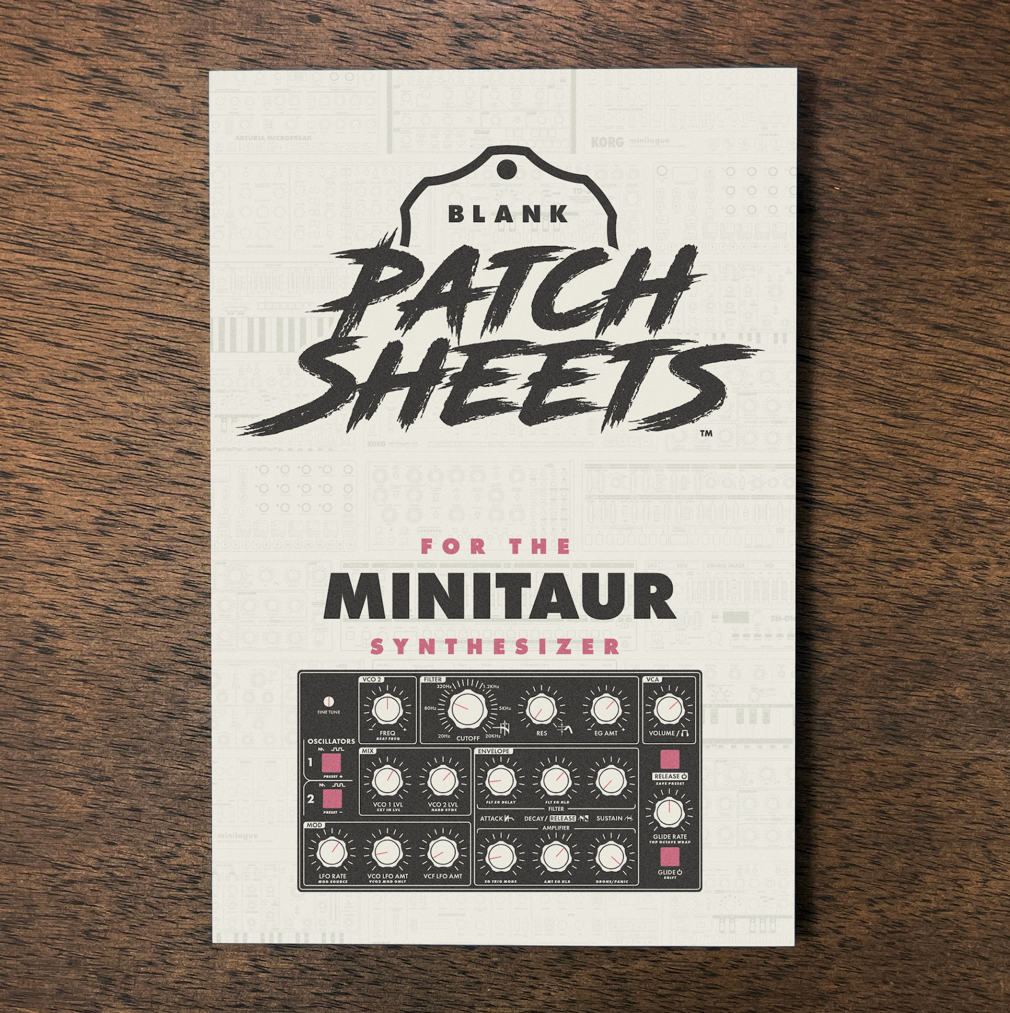 A brochure titled 'Blank Patch Sheets for the Minituar Synthesizer' with an image of the synthesizer's interface at the bottom.