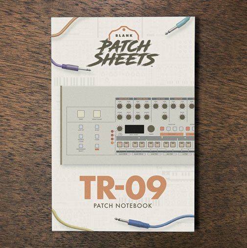 Roland TR-09 Blank Patch Sheets Notebook on a dark wood desk