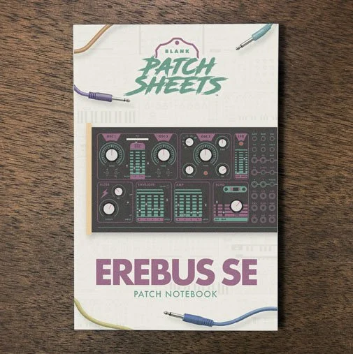 Dreadbox Erebus SE Blank Patch Sheets Notebook on a dark wood desk