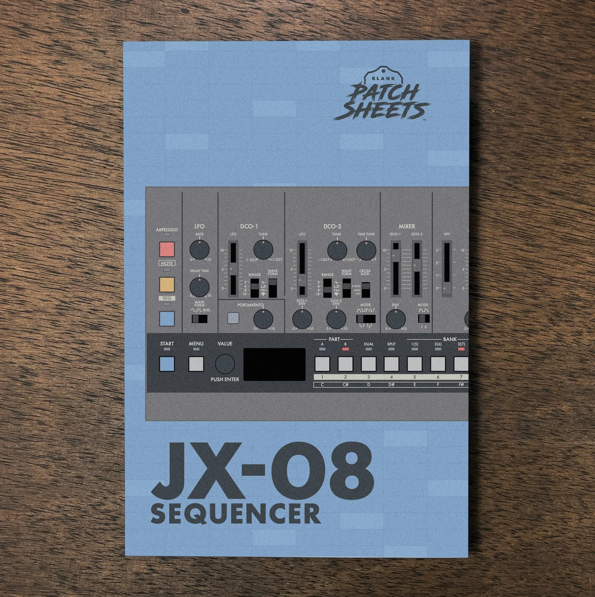 Roland JX-08 Sequencer notebook on wood