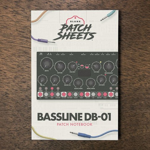 Erica Synths Bassline DB-01 Blank Patch Sheets Notebook on a dark wood desk