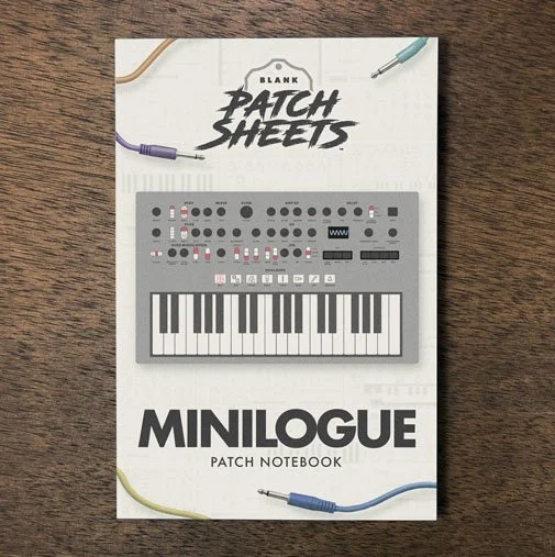 Korg Minilogue Blank Patch Sheets Notebook on a dark wood desk