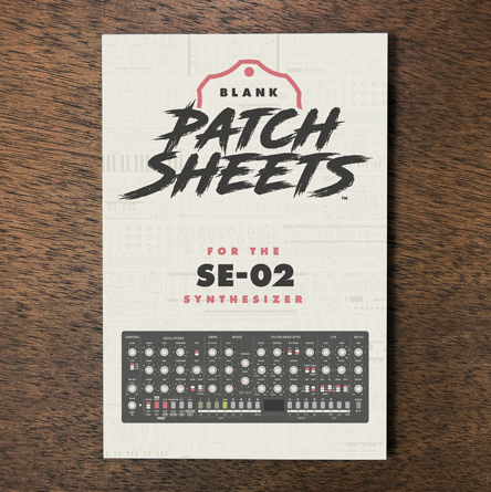 Roland SE-02 synthesizer Blank Patch Sheets Notebook laying on a wood table
